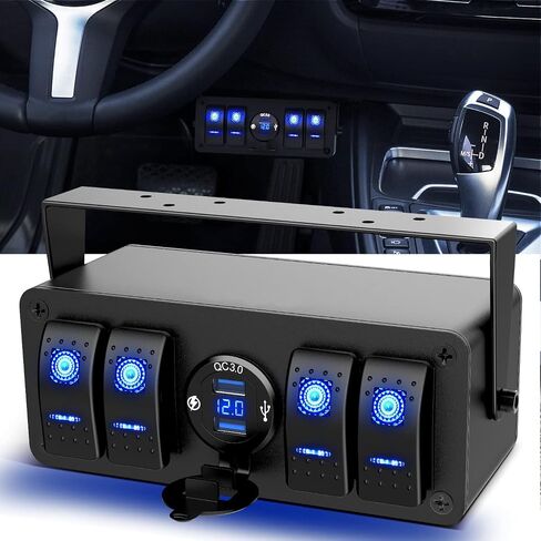 4 Gang Rocker تبديل لوحة 12 فولت - حاوية الألومنيوم المقاومة للماء مع QC 3.0 USB مزدوج الشاحن ومقياس الفولتميتر ، صندوق جبل السطح للقوارب البحرية ، RVs ، الشاحنات ، السيارات (LED الأزرق) in Saudi Arabia