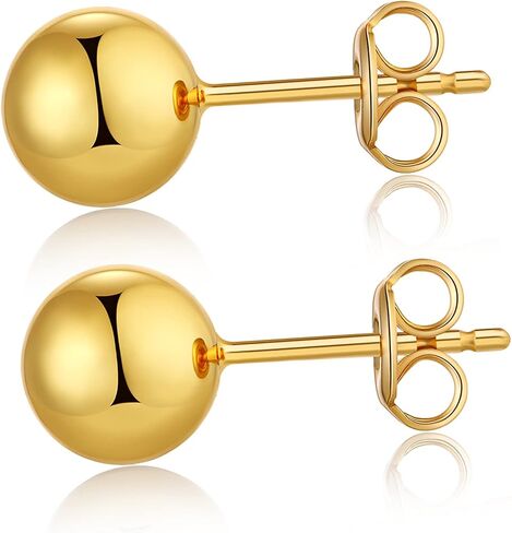 18K Gold Plated Sterling Silver Ball Stud Earrings for Women Men, Round High Polished Balls Studs Hypoallergenic, Butterfly Back (4mm/ 5mm/ 6mm/ 7mm/ 8mm) in Saudi Arabia