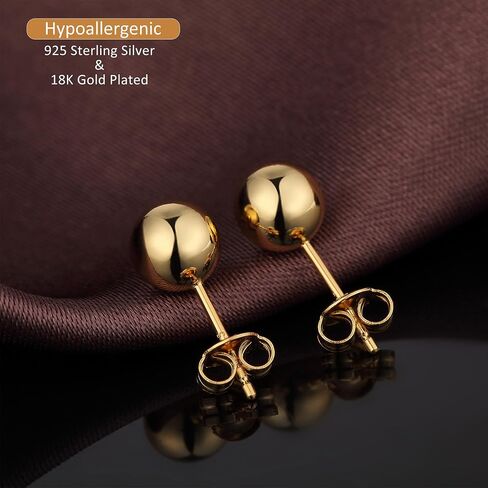 18K Gold Plated Sterling Silver Ball Stud Earrings for Women Men, Round High Polished Balls Studs Hypoallergenic, Butterfly Back (4mm/ 5mm/ 6mm/ 7mm/ 8mm) in Saudi Arabia