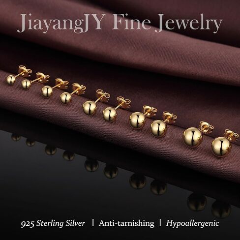 18K Gold Plated Sterling Silver Ball Stud Earrings for Women Men, Round High Polished Balls Studs Hypoallergenic, Butterfly Back (4mm/ 5mm/ 6mm/ 7mm/ 8mm) in Saudi Arabia
