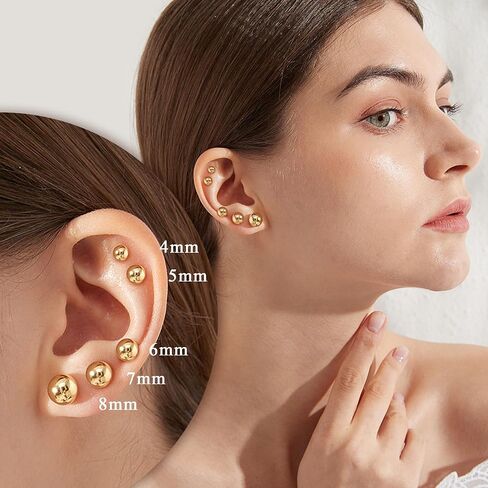 18K Gold Plated Sterling Silver Ball Stud Earrings for Women Men, Round High Polished Balls Studs Hypoallergenic, Butterfly Back (4mm/ 5mm/ 6mm/ 7mm/ 8mm) in Saudi Arabia