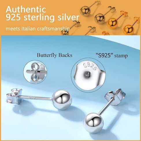 PROSILVER 925 Sterling Silver Ball Stud Earrings, Hypoallergenic for Sensitive Ears, Womens Flat Back Studs, 3mm/4mm/5mm/7mm, Come with Box in Saudi Arabia