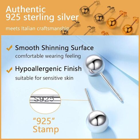 PROSILVER 925 Sterling Silver Ball Stud Earrings, Hypoallergenic for Sensitive Ears, Womens Flat Back Studs, 3mm/4mm/5mm/7mm, Come with Box in Saudi Arabia