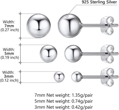 PROSILVER 925 Sterling Silver Ball Stud Earrings, Hypoallergenic for Sensitive Ears, Womens Flat Back Studs, 3mm/4mm/5mm/7mm, Come with Box in Saudi Arabia