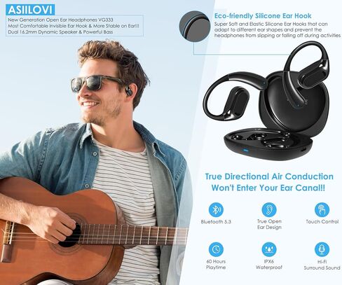 Open-Ear Earbuds VG336 Pocket Size Conduction Headphones Snug Fit & Powerful Bass Wireless Earbuds, Bluetooth 5.3 Touch Control Open-Ear Headphones-White in Saudi Arabia