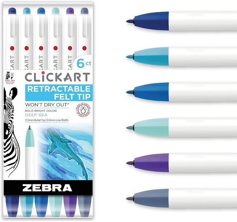 قلم تحديد Zebra Pen ClickArt قابل للسحب، نقطة دقيقة، 0.6 مم، ألوان متنوعة في أعماق البحار، 6 عبوات؛ 69026 in Kuwait