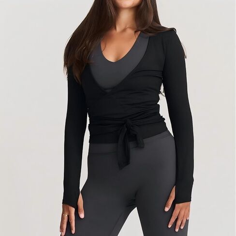 Women Ballet Crop Wrap Top Y2k Long Sleeve Cross Tie Top Pilates Yoga Wrap Shirts Cute Workout Ballerina Cover Up Blouse in Saudi Arabia