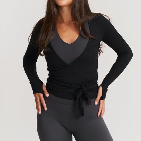 Women Ballet Crop Wrap Top Y2k Long Sleeve Cross Tie Top Pilates Yoga Wrap Shirts Cute Workout Ballerina Cover Up Blouse in Saudi Arabia