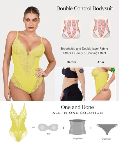 Popilush Shapewear Bodysuits for Women Lace Corset Tops Tummy Control V Neck Sleeveless Body Suit Thongs in Saudi Arabia