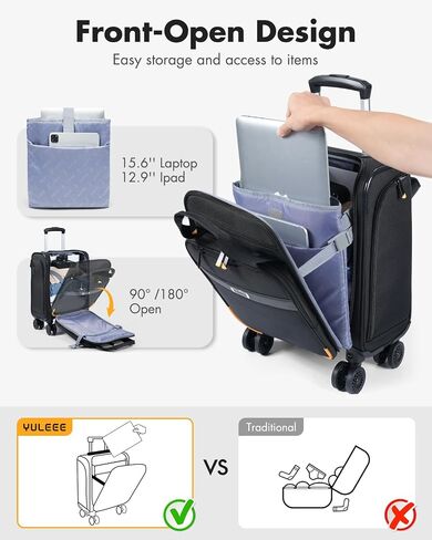 Lekebobor Underseat حمل أمتعة مع عجلات الدوار ، حقيبة Softside 16 بوصة مع غلاف قابل للفصل ، طيران سفر خفيفة الوزن معتمدة للرجال نساء ، أسود in Kuwait