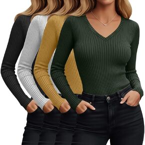 4 Pack Women's Long Sleeve Shirts V Neck Ribbed Fitted Tops Fleece Lined Thermal Base Layer Undershirts Basic Tee in Kuwait