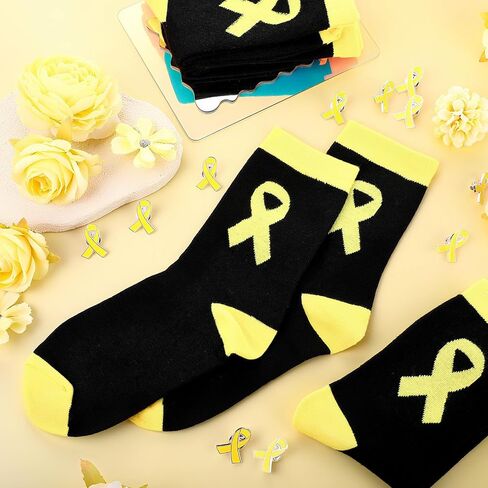 12 Pairs Childhood Cancer Awareness Socks Bulk Casual Sport Socks with Yellow Ribbon Lapel Pins Accessories for Survivor Fighter Support Gifts Charity Fundraiser Public Event in Saudi Arabia