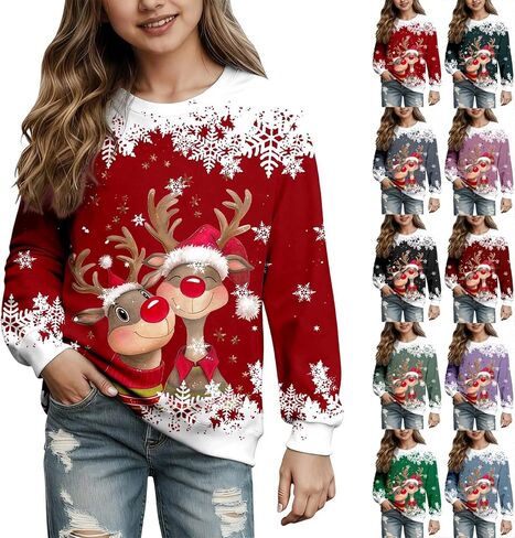 Ugly Christmas Sweatshirts for Kids Girls Funny Cute Santa Graphic Holiday Shirts Long Sleeve Crewneck Preppy Clothes in Saudi Arabia
