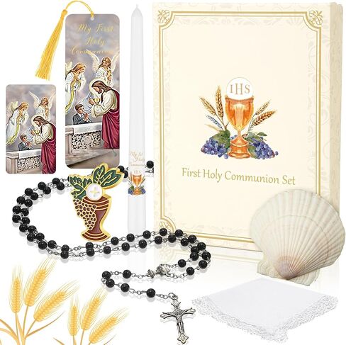 7 Pieces First Communion Gift Box Set Catholic Holy 1st Communion Gifts for Girls Boys with Candle Rosary Lapel Pin Prayer Card Shell Bookmark Handkerchief Christian Baptism Favors in Saudi Arabia