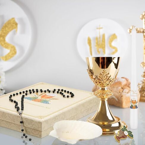 7 Pieces First Communion Gift Box Set Catholic Holy 1st Communion Gifts for Girls Boys with Candle Rosary Lapel Pin Prayer Card Shell Bookmark Handkerchief Christian Baptism Favors in Saudi Arabia