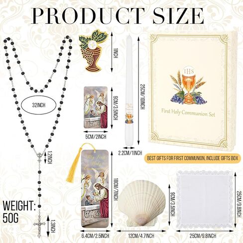 7 Pieces First Communion Gift Box Set Catholic Holy 1st Communion Gifts for Girls Boys with Candle Rosary Lapel Pin Prayer Card Shell Bookmark Handkerchief Christian Baptism Favors in Saudi Arabia