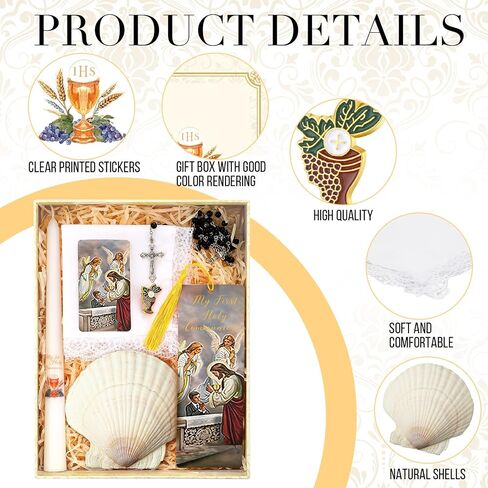 7 Pieces First Communion Gift Box Set Catholic Holy 1st Communion Gifts for Girls Boys with Candle Rosary Lapel Pin Prayer Card Shell Bookmark Handkerchief Christian Baptism Favors in Saudi Arabia