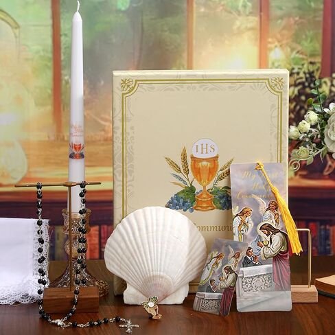 7 Pieces First Communion Gift Box Set Catholic Holy 1st Communion Gifts for Girls Boys with Candle Rosary Lapel Pin Prayer Card Shell Bookmark Handkerchief Christian Baptism Favors in Saudi Arabia