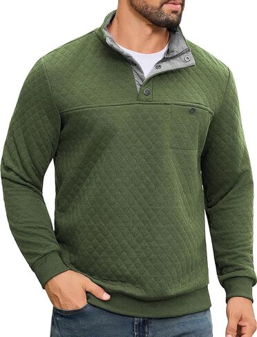 URRU Men's Quilted Sweatshirt Contrast Stand Collar Casual Mock Neck Long Sleeve Quarter Botton Up Fall Pullover Sweater in Saudi Arabia