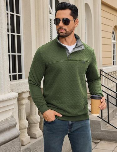 URRU Men's Quilted Sweatshirt Contrast Stand Collar Casual Mock Neck Long Sleeve Quarter Botton Up Fall Pullover Sweater in Saudi Arabia