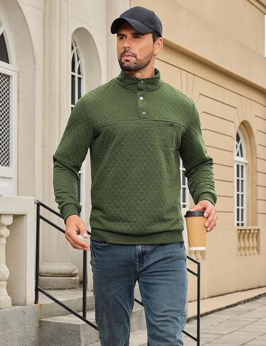 URRU Men's Quilted Sweatshirt Contrast Stand Collar Casual Mock Neck Long Sleeve Quarter Botton Up Fall Pullover Sweater in Saudi Arabia