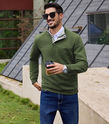 URRU Men's Quilted Sweatshirt Contrast Stand Collar Casual Mock Neck Long Sleeve Quarter Botton Up Fall Pullover Sweater in Saudi Arabia