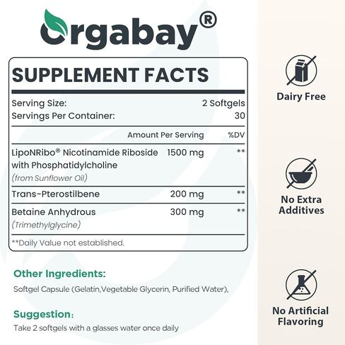 Orgabay Liposomal NAD+ Supplement 500 mg, High Absorption, Boost NAD+ with TMG 250 mg, Actual NAD Plus More Efficient Than Nicotinamide Riboside, Support Cellular Energy, Healthy Aging | 60 Softgels in Kuwait