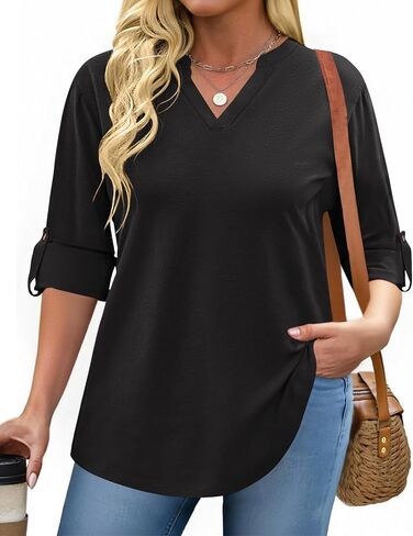 IN'VOLAND Womens Plus Size Long Sleeve Tops V Neck Plaid Roll Up Shirts Basic Casual Work Blouses in Saudi Arabia
