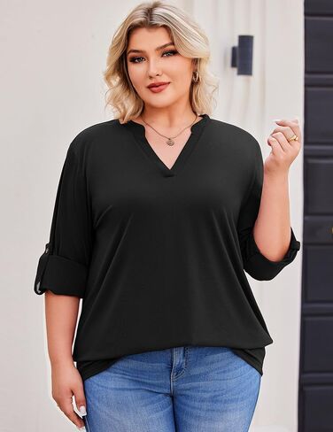 IN'VOLAND Womens Plus Size Long Sleeve Tops V Neck Plaid Roll Up Shirts Basic Casual Work Blouses in Saudi Arabia