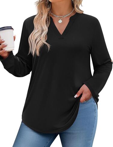IN'VOLAND Womens Plus Size Long Sleeve Tops V Neck Plaid Roll Up Shirts Basic Casual Work Blouses in Saudi Arabia