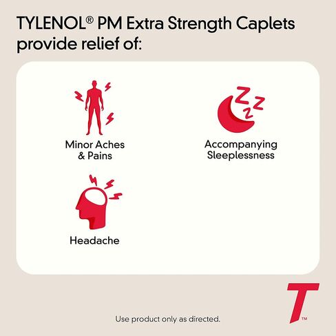 Tylenol PM Extra Strength Nighttime Pain Reliever & Sleep Aid Caplets, 500 mg Acetaminophen, 25 mg Diphenhydramine HCl, Fast-Acting, Non-Habit Forming, Pain Relief Medicine for Aches & Cramps, 100 Ct in Saudi Arabia