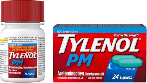 Tylenol PM Extra Strength Nighttime Pain Reliever & Sleep Aid Caplets, 500 mg Acetaminophen, 25 mg Diphenhydramine HCl, Fast-Acting, Non-Habit Forming, Pain Relief Medicine for Aches & Cramps, 100 Ct in Saudi Arabia