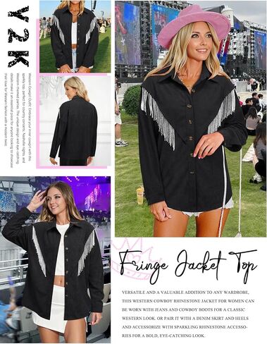 Nlife Womens Corduroy Nashville Sparkly Rhinestone Fringe Shacket Concert Outfits Long Sleeves Spakle Tassel Shirt Jacket in Kuwait