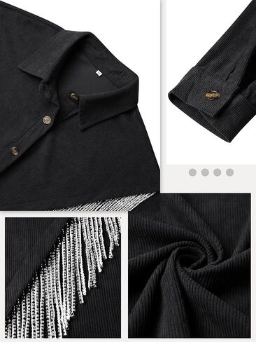 Nlife Womens Corduroy Nashville Sparkly Rhinestone Fringe Shacket Concert Outfits Long Sleeves Spakle Tassel Shirt Jacket in Kuwait