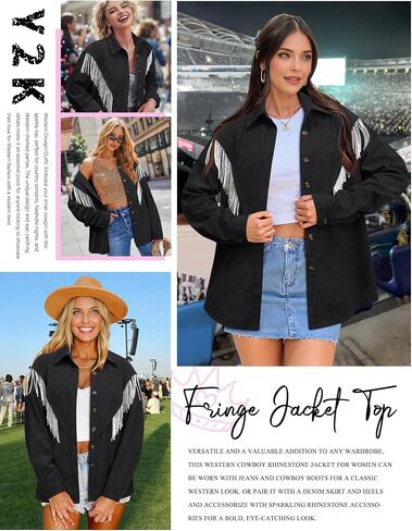Nlife Womens Corduroy Nashville Sparkly Rhinestone Fringe Shacket Concert Outfits Long Sleeves Spakle Tassel Shirt Jacket in Kuwait