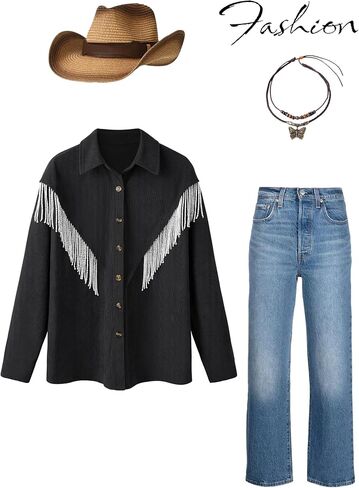 Nlife Womens Corduroy Nashville Sparkly Rhinestone Fringe Shacket Concert Outfits Long Sleeves Spakle Tassel Shirt Jacket in Kuwait