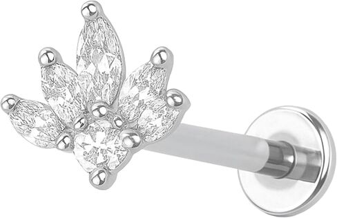 Lotus Marquise CZ Threadless Labret Stud, 18GA Surgical Steel Flat Back Earring, Push-In Cartilage Monroe Lip Tragus Jewelry, Tiny Threaded Flat Back Post, (1 Piece) in Saudi Arabia