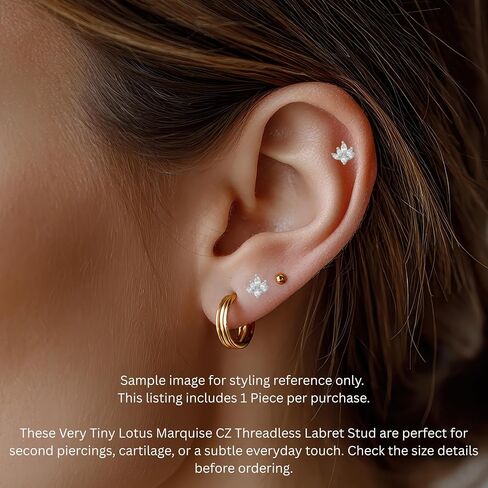 Lotus Marquise CZ Threadless Labret Stud, 18GA Surgical Steel Flat Back Earring, Push-In Cartilage Monroe Lip Tragus Jewelry, Tiny Threaded Flat Back Post, (1 Piece) in Saudi Arabia