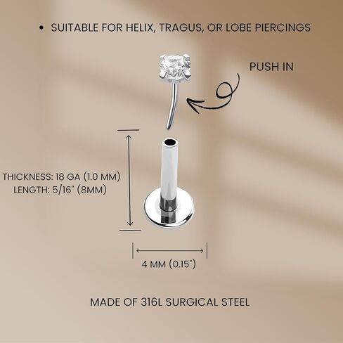 Lotus Marquise CZ Threadless Labret Stud, 18GA Surgical Steel Flat Back Earring, Push-In Cartilage Monroe Lip Tragus Jewelry, Tiny Threaded Flat Back Post, (1 Piece) in Saudi Arabia