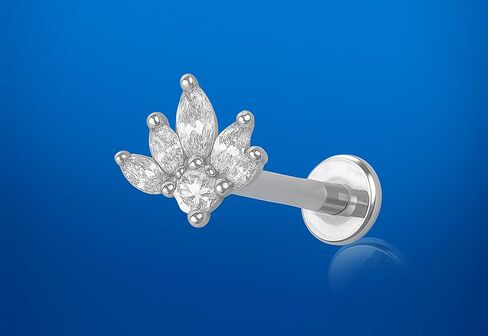 Lotus Marquise CZ Threadless Labret Stud, 18GA Surgical Steel Flat Back Earring, Push-In Cartilage Monroe Lip Tragus Jewelry, Tiny Threaded Flat Back Post, (1 Piece) in Saudi Arabia