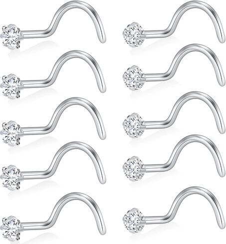10Pcs 20G Nose Rings Studs for Women Corkscrew Sliver Nose Studs Hypoallergenic Nose Rings 316L Surgical Stainless Steel Nose Nostril Percing Jewely for Women Men Round Square CZ Imitation Diamond 1.5mm/2.0mm/2.5mm/3.0mm in Saudi Arabia