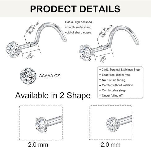 10Pcs 20G Nose Rings Studs for Women Corkscrew Sliver Nose Studs Hypoallergenic Nose Rings 316L Surgical Stainless Steel Nose Nostril Percing Jewely for Women Men Round Square CZ Imitation Diamond 1.5mm/2.0mm/2.5mm/3.0mm in Saudi Arabia