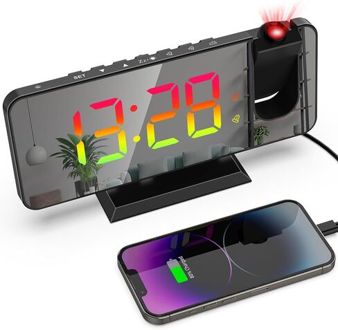 ساعة إنذار الإسقاط لسقف غرفة النوم ، عرض 180 درجة قابلة للتدوير 7.4 بوصة عرض LED رقمي المرآة 12/24 ساعة ، دامت السطوع 5 ، إنذار مزدوج (أبيض) in Kuwait