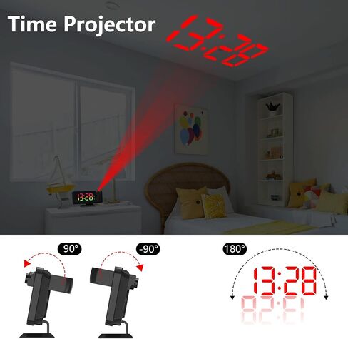 ساعة إنذار الإسقاط لسقف غرفة النوم ، عرض 180 درجة قابلة للتدوير 7.4 بوصة عرض LED رقمي المرآة 12/24 ساعة ، دامت السطوع 5 ، إنذار مزدوج (أبيض) in Kuwait