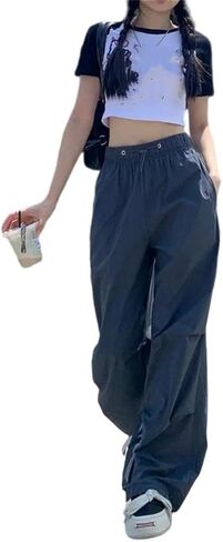 Women Cargo Pants Elastic High Waist Drawstring Solid Thin Straight Sports Trousers in Saudi Arabia