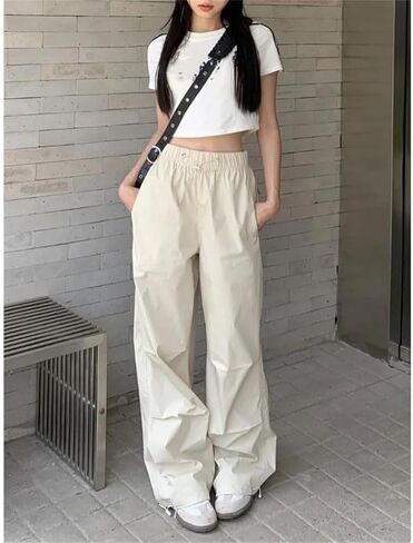 Women Cargo Pants Elastic High Waist Drawstring Solid Thin Straight Sports Trousers in Saudi Arabia