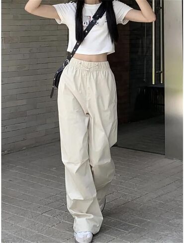 Women Cargo Pants Elastic High Waist Drawstring Solid Thin Straight Sports Trousers in Saudi Arabia