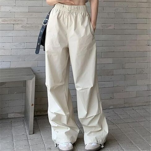 Women Cargo Pants Elastic High Waist Drawstring Solid Thin Straight Sports Trousers in Saudi Arabia