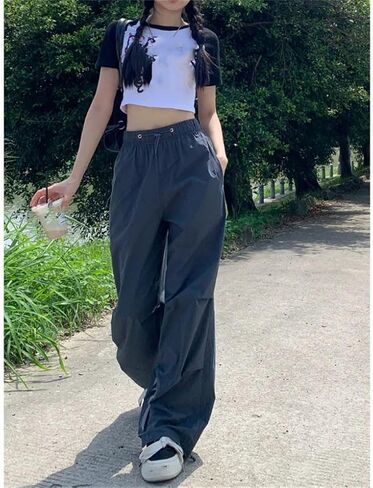 Women Cargo Pants Elastic High Waist Drawstring Solid Thin Straight Sports Trousers in Saudi Arabia