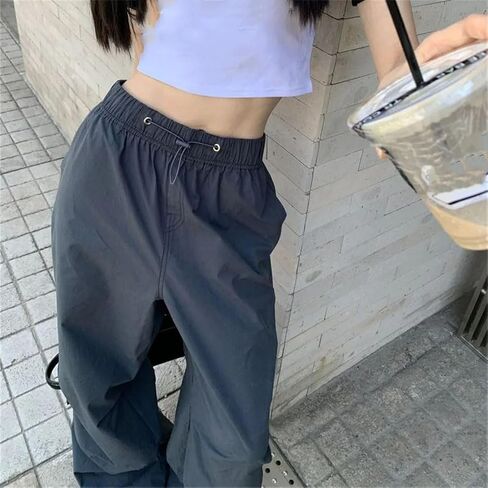 Women Cargo Pants Elastic High Waist Drawstring Solid Thin Straight Sports Trousers in Saudi Arabia